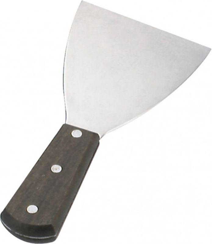 Chef Inox stainless steel scraper pan with ergonomic wooden handle, designed for easy cleaning of cookware.