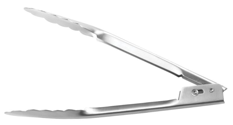 Chef Inox utility tongs in stainless steel with auto-lock feature for safe storage and ergonomic grip for cooking.