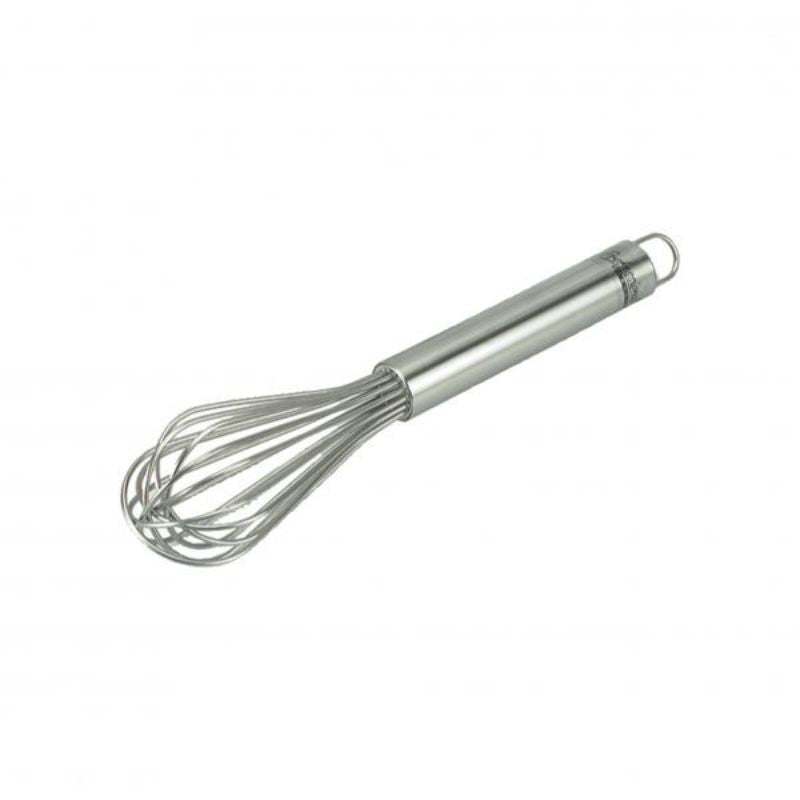 Chef Inox 250mm whisk featuring durable 18/8 stainless steel, ergonomic handle, ideal for whipping and mixing in the kitchen.