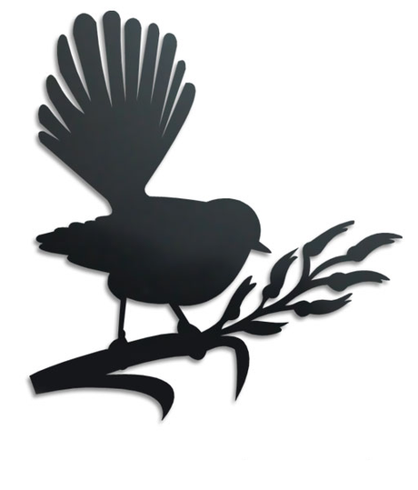 A stunning wall art piece featuring a New Zealand fantail on a lush flax backdrop, perfect for Kiwiana decor.