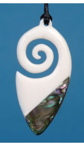 Maori-inspired Bone Cornucopia Koru Pendant with Paua insert, symbolizing abundance and growth, on black adjustable cord.