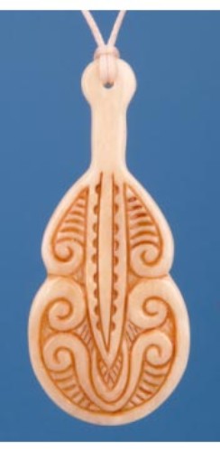 Elegant hand-carved Bone Stained Mere Pendant with unique color variations, measuring 68mm x 30mm, on adjustable cream cord.