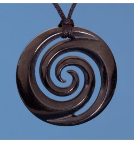 Bone Closed Koru Pendant in black-stained beef bone, symbolizing new beginnings, on adjustable black wax cord.