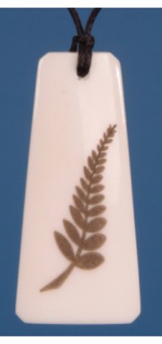 Handcrafted Bone New Zealand Fern Pendant featuring intricate etched design, 50mm long on adjustable black cord.