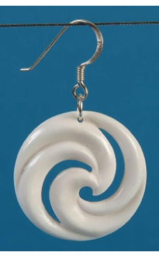 Elegant bone Koru earrings, handcrafted and symbolizing new beginnings, measuring 26 mm in diameter.