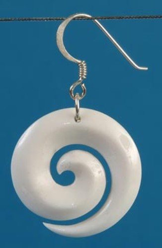 Handcrafted Bone Open Koru Earrings, 24 mm, symbolizing new beginnings and unique artisan variations.