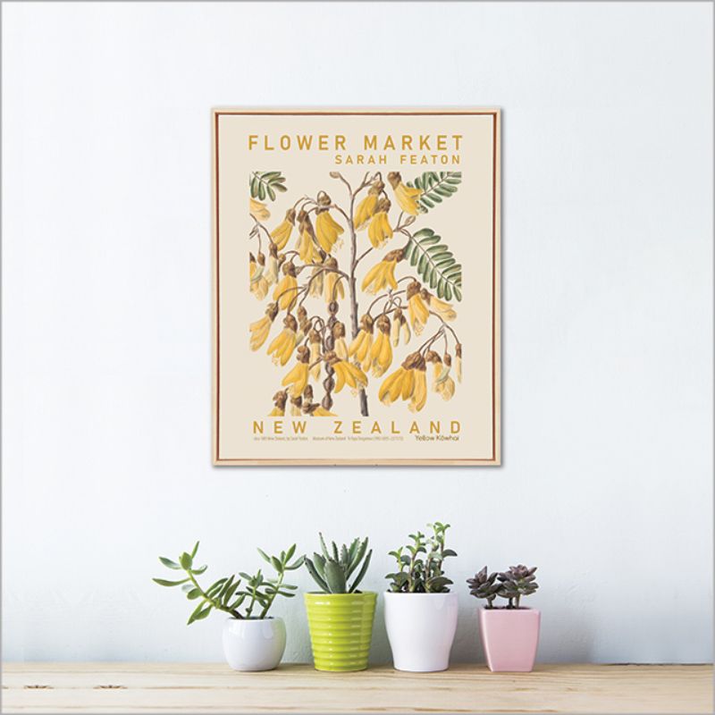 Framed canvas featuring vibrant yellow Kowhai flowers, a floral watercolor by Sarah Featon, perfect for brightening any room.