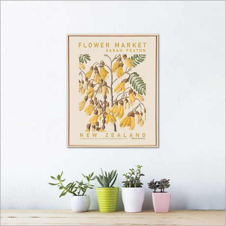 Framed canvas featuring vibrant yellow Kowhai flowers, a floral watercolor by Sarah Featon, perfect for brightening any room.