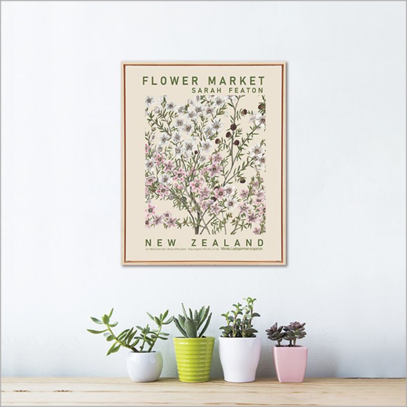 Framed canvas print featuring vibrant watercolor illustrations of Manuka flowers by Sarah Featon, perfect for home decor.