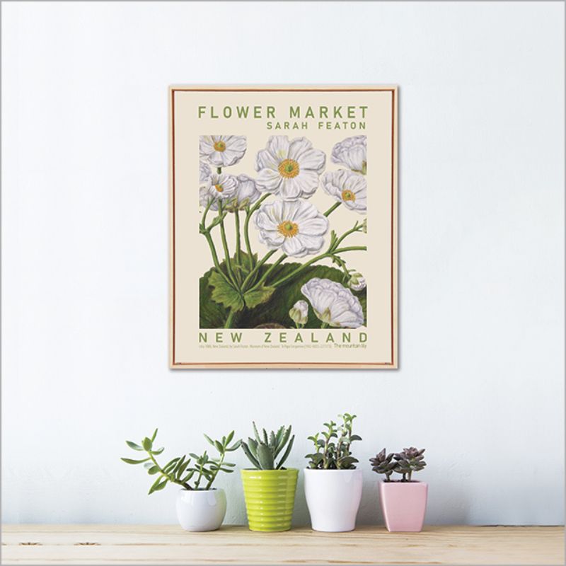 Framed canvas print of Sarah Featon's Mountain Lily, showcasing vibrant watercolor florals in eco-friendly ink.