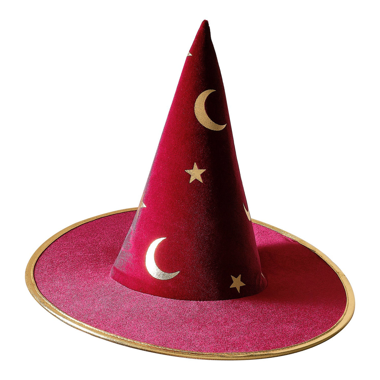 Burgundy velvet magician hat adorned with gold stars and moons, perfect for imaginative play and parties.