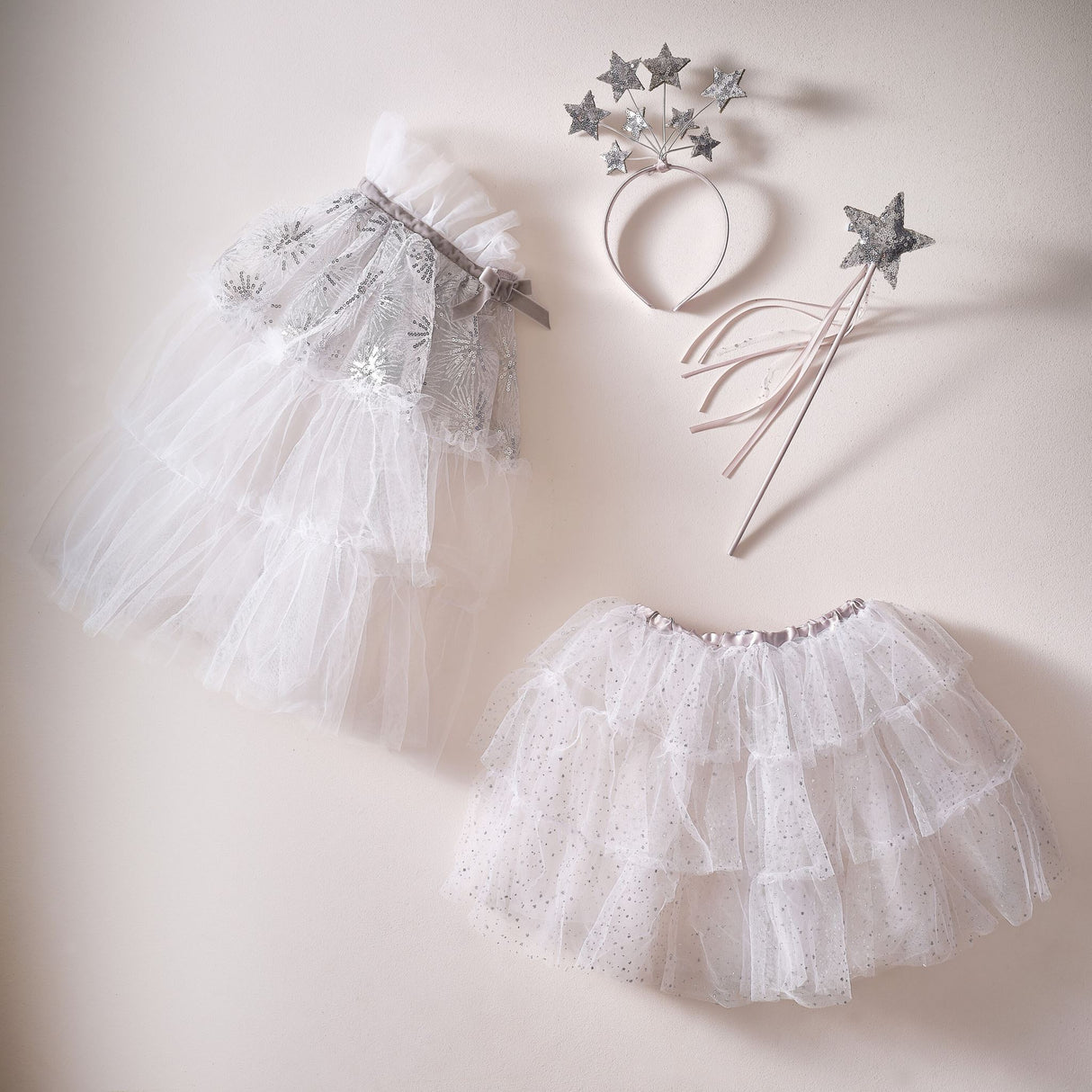 Fairy Princess Costume Tutu - Fancy Dress White & Silver Sparkle (5-7 Years)