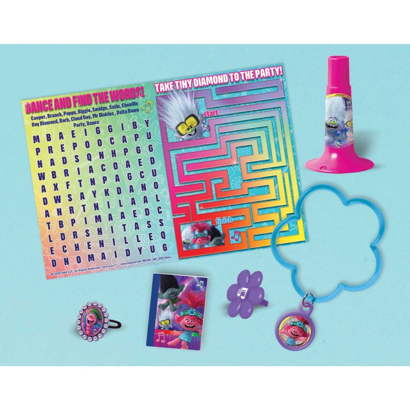 Mega Mix Favors pack featuring Trolls-themed horns, rings, bracelets, clips, puzzles, and sketch pads for party fun.