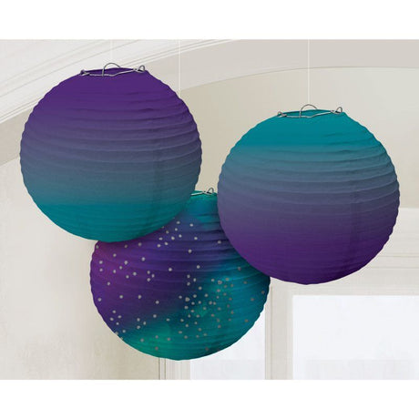 Enchanting sapphire ombre paper lanterns (24cm) in a pack of 3, perfect for elegant decor for events and celebrations.