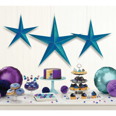 Hanging 3D stars in sparkling sapphire, pack of 3, perfect for elegant decor at events, each star measures up to 55cm.