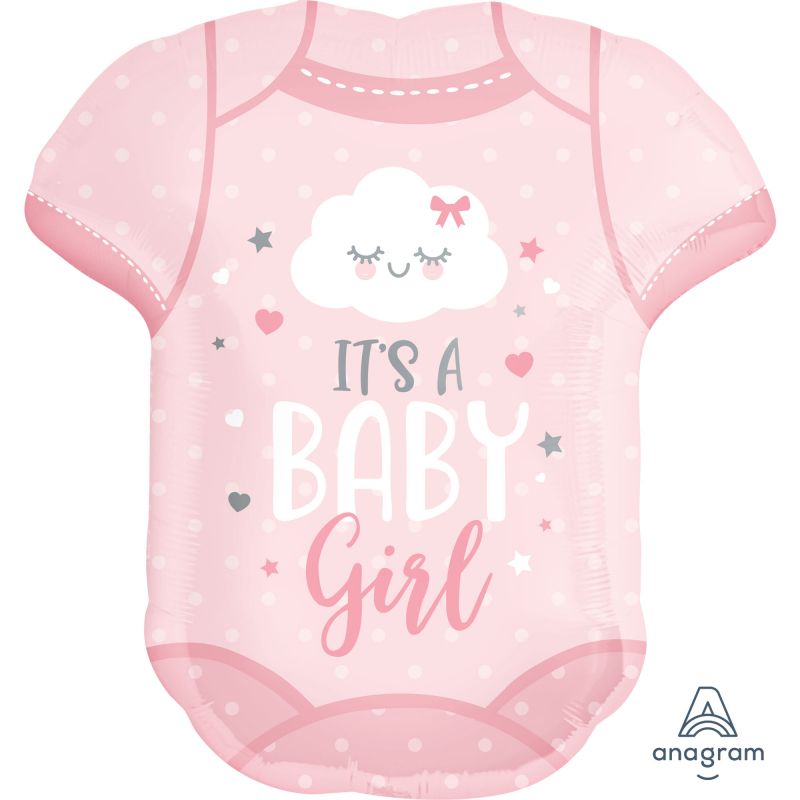 Foil balloon shaped like a baby girl onesie, perfect for baby showers and gender reveal celebrations.