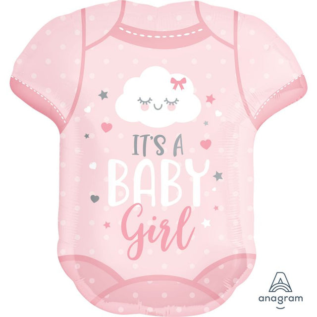 Foil balloon shaped like a baby girl onesie, perfect for baby showers and gender reveal celebrations.