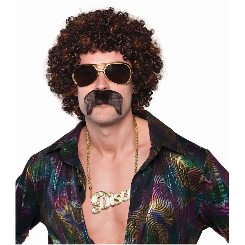 Disco Hound Wig Set featuring a vibrant wig and adhesive moustache for retro-inspired party looks.