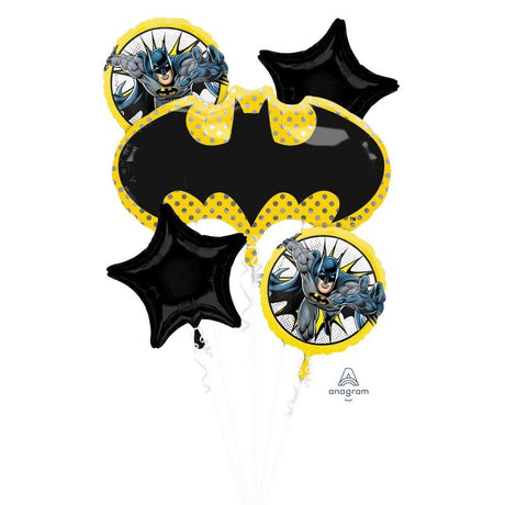 Foil balloon bouquet featuring Batman design, includes 1 shaped and 4 standard 45cm balloons, self-sealing.