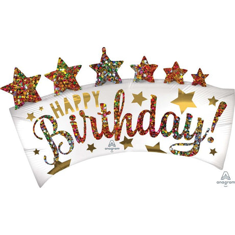 SuperShape XL satin foil balloon with glitter birthday banner and stars, measuring 86cm, perfect for festive celebrations.