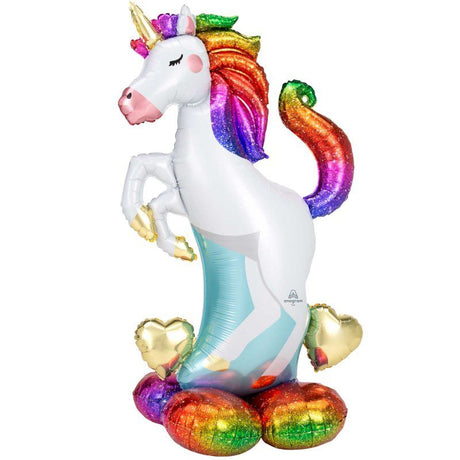 Foil balloon featuring a vibrant unicorn and hearts, measuring 83cm x 139cm, perfect for magical celebrations.