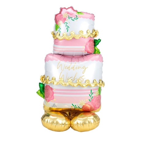 AirLoonz Wedding Wishes Cake foil balloon, 132cm, featuring whimsical cake designs for festive wedding decor.