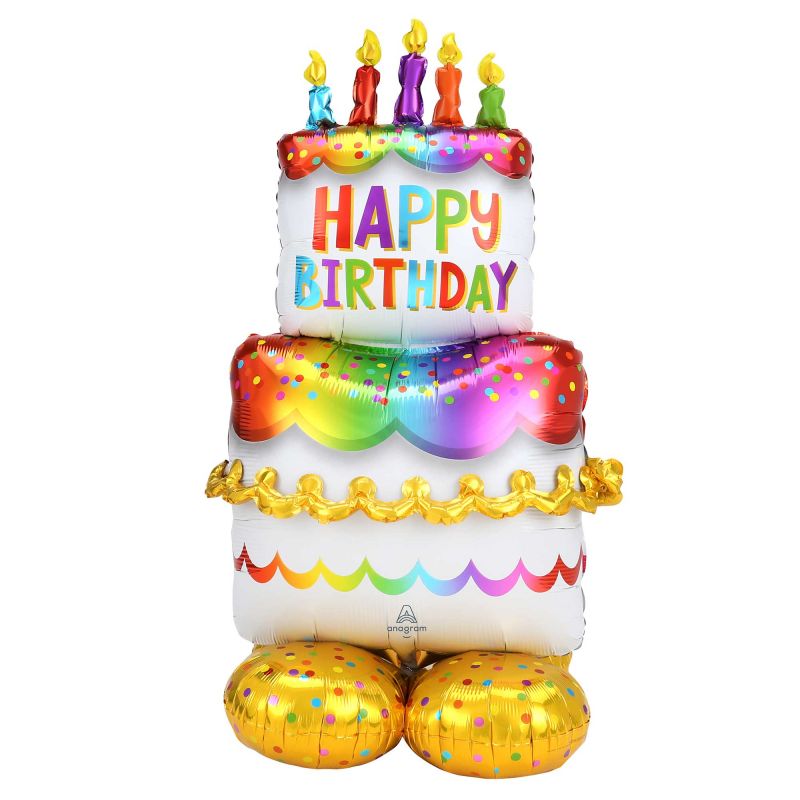 Large foil balloon shaped like a birthday cake, measuring 68cm x 134cm, air fill only with secure straw and strap.