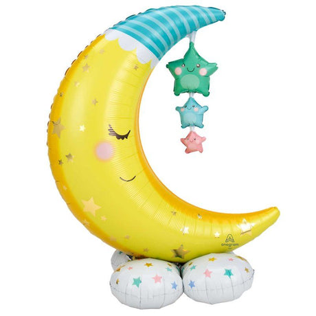 Foil balloon featuring a moon and stars design, perfect for baby showers and birthday parties, measuring 101cm x 139cm.