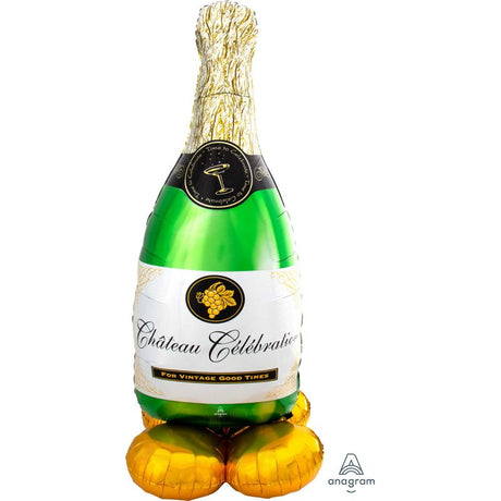 Giant foil balloon shaped like a bubbly wine bottle, 152cm tall, perfect for festive celebrations and indoor events.