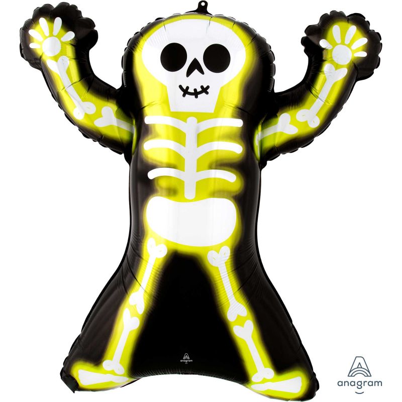 Vibrant 76cm foil balloon shaped like a neon skeleton, perfect for Halloween parties and spooky decorations.