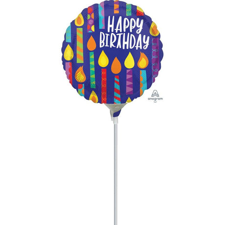 Vibrant 22cm foil balloon featuring colorful happy candles for festive birthday celebrations.