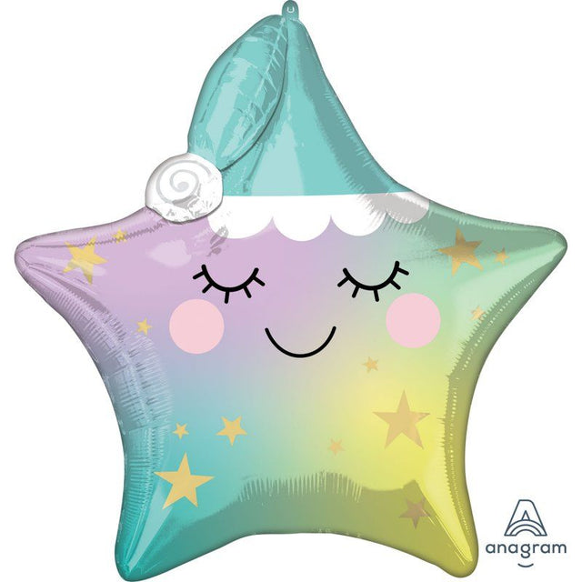 Large multi foil balloon featuring a sleepy star design, perfect for celebrations and events, measuring 63cm wide.