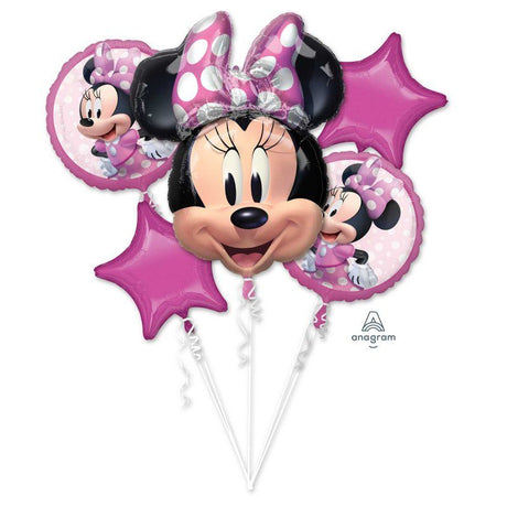 Minnie Mouse Forever foil balloon bouquet featuring 1 shaped and 4 standard 45cm balloons, self-sealing design.