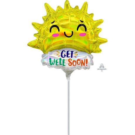 Iridescent Mini Shape Get Well Soon Happy Sun foil balloon, perfect for uplifting gifts and celebrating health recovery.