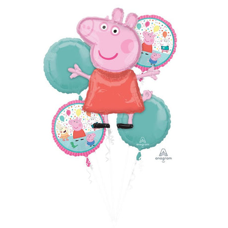 Peppa Pig foil balloon bouquet with one shape and four 45cm balloons, perfect for kids' birthday parties.