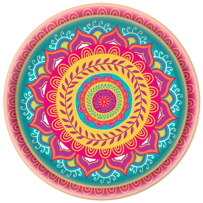 34cm melamine platter with vibrant Diwali design, perfect for serving sweets and snacks during festive celebrations.