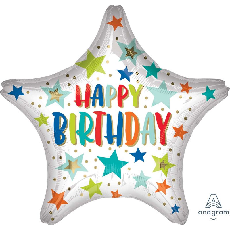 Jumbo foil balloon (71cm) with colorful stars and dots, perfect for birthday celebrations and festive decoration.