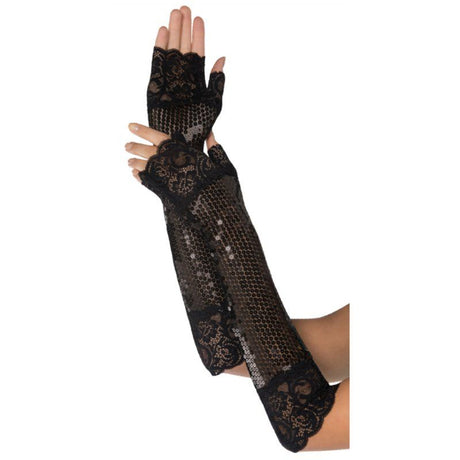 Black fingerless gloves decorated with sequins, inspired by the Roaring 20's style, perfect for vintage-themed outfits.