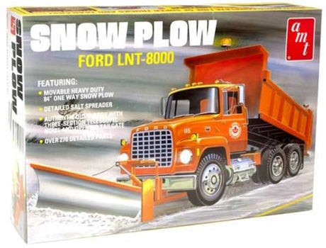 1/25 scale model kit of Ford LNT-8000 snow plow truck with over 300 detailed parts and vibrant chrome accents.