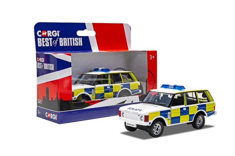 1:36 scale diecast Range Rover in classic police livery by Corgi, showcasing British craftsmanship and detail.