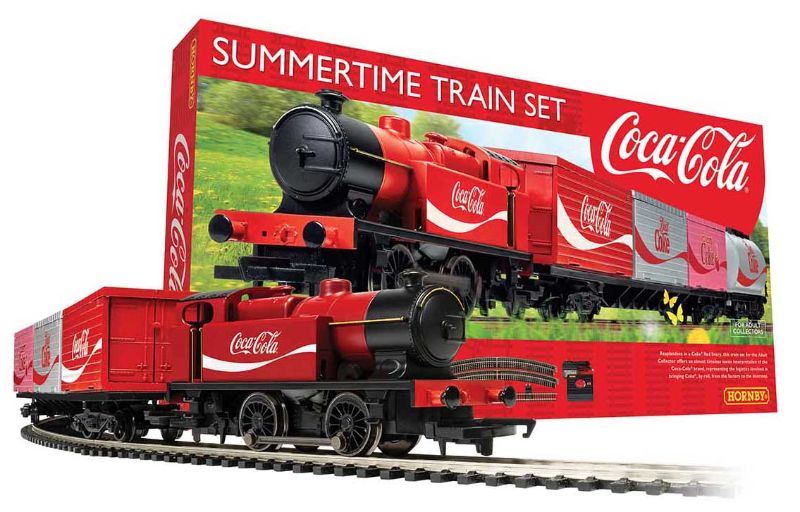 Hornby Summertime Coca-Cola train set in vibrant Coke Red, featuring a 0-4-0 locomotive and two Coca-Cola wagons.