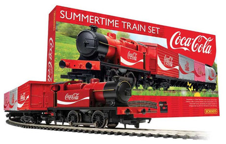 Hornby Summertime Coca-Cola train set in vibrant Coke Red, featuring a 0-4-0 locomotive and two Coca-Cola wagons.