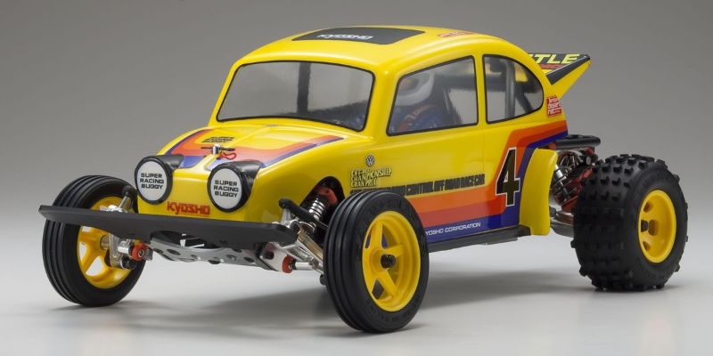 Kyosho 1/10 EP Kit 2WD Beetle Retro RC car with retro design, 2WD, pre-assembled gearbox, oil shocks, and high-grip tires.