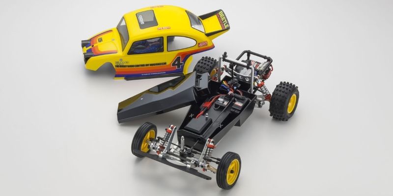 Kyosho 1/10 EP Kit 2WD Beetle Retro RC car featuring retro design, lightweight structure, and high-grip tires for optimal racing.