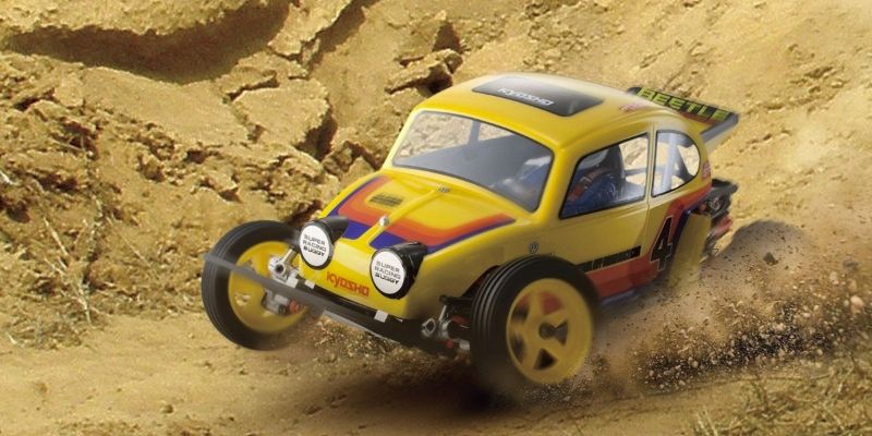 Kyosho 1/10 EP Kit 2WD Beetle Retro RC car with retro design, lightweight structure, high-grip tires, and complete assembly kit.