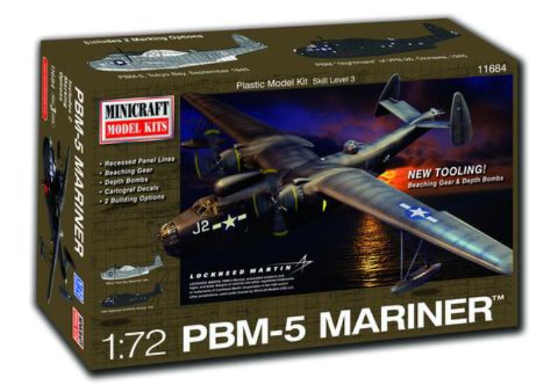 1/72 Minicraft Martin PBM-5 Mariner model kit with detailed engines, beaching gear, and depth bombs for WWII enthusiasts.