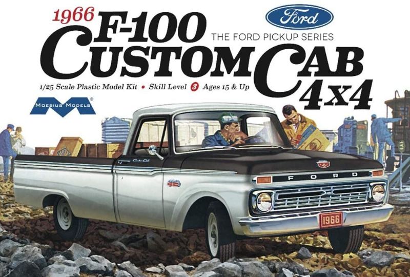 Detailed plastic kit of the 1966 Ford F100 Custom Cab 4x4 Truck for creative model building and display.