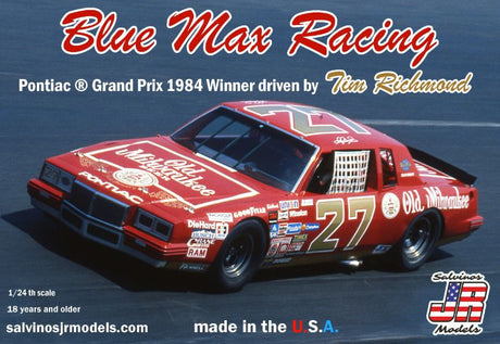 1/24 scale model kit of the 1984 Pontiac Grand Prix, capturing Tim Richmond's Blue Max Racing design, ideal for collectors.