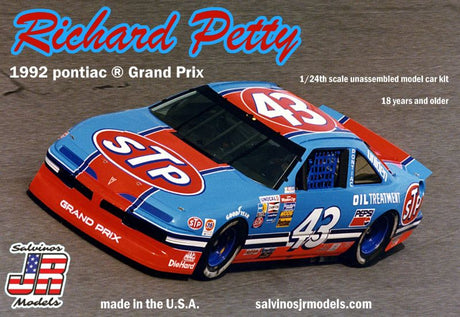 1/24 scale model kit of Richard Petty's 1992 Pontiac Grand Prix, featuring detailed assembly components for racing enthusiasts.