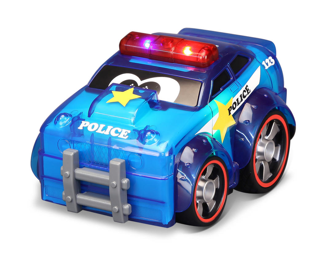 BB Junior Push & Glow Police Car with glowing body, sounds, and free-wheeling action for exciting imaginative play.